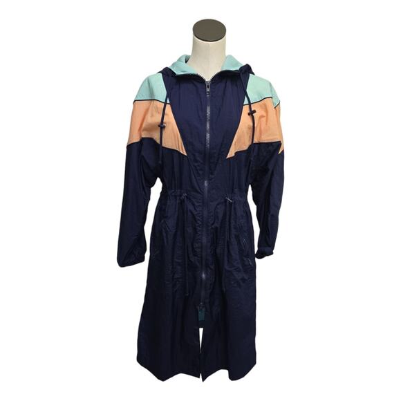 Free People Colorblock Long Windbreaker Jacket Navy‎ Orange Size Small Full Zip - Picture 1 of 9